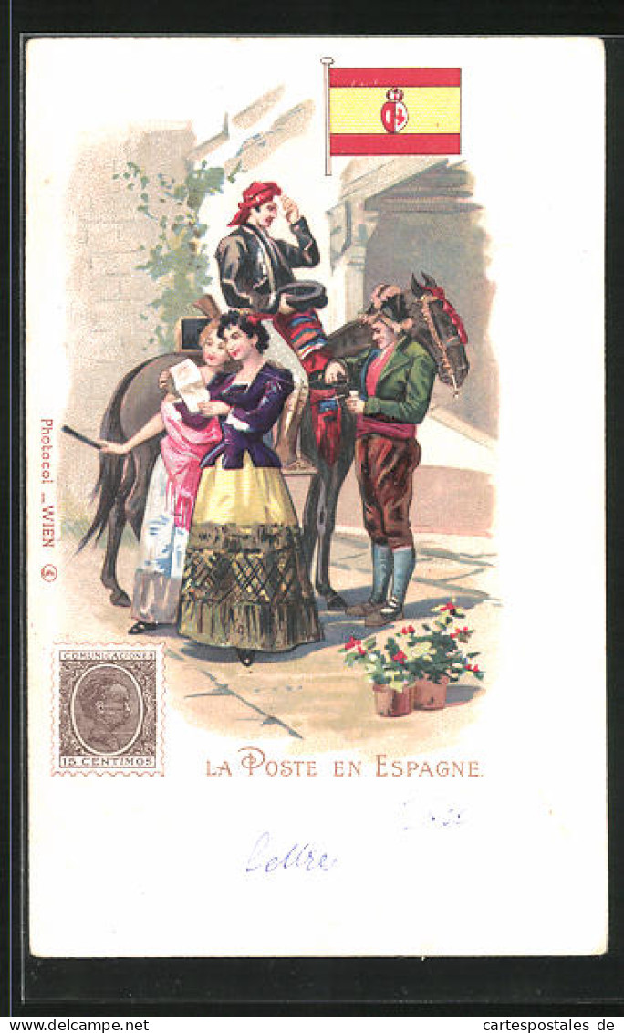 Lithographie Brief, Landesflagge, Spanien, Postreiter Zu Pferd, Frauen In Trachten  - Postal Services