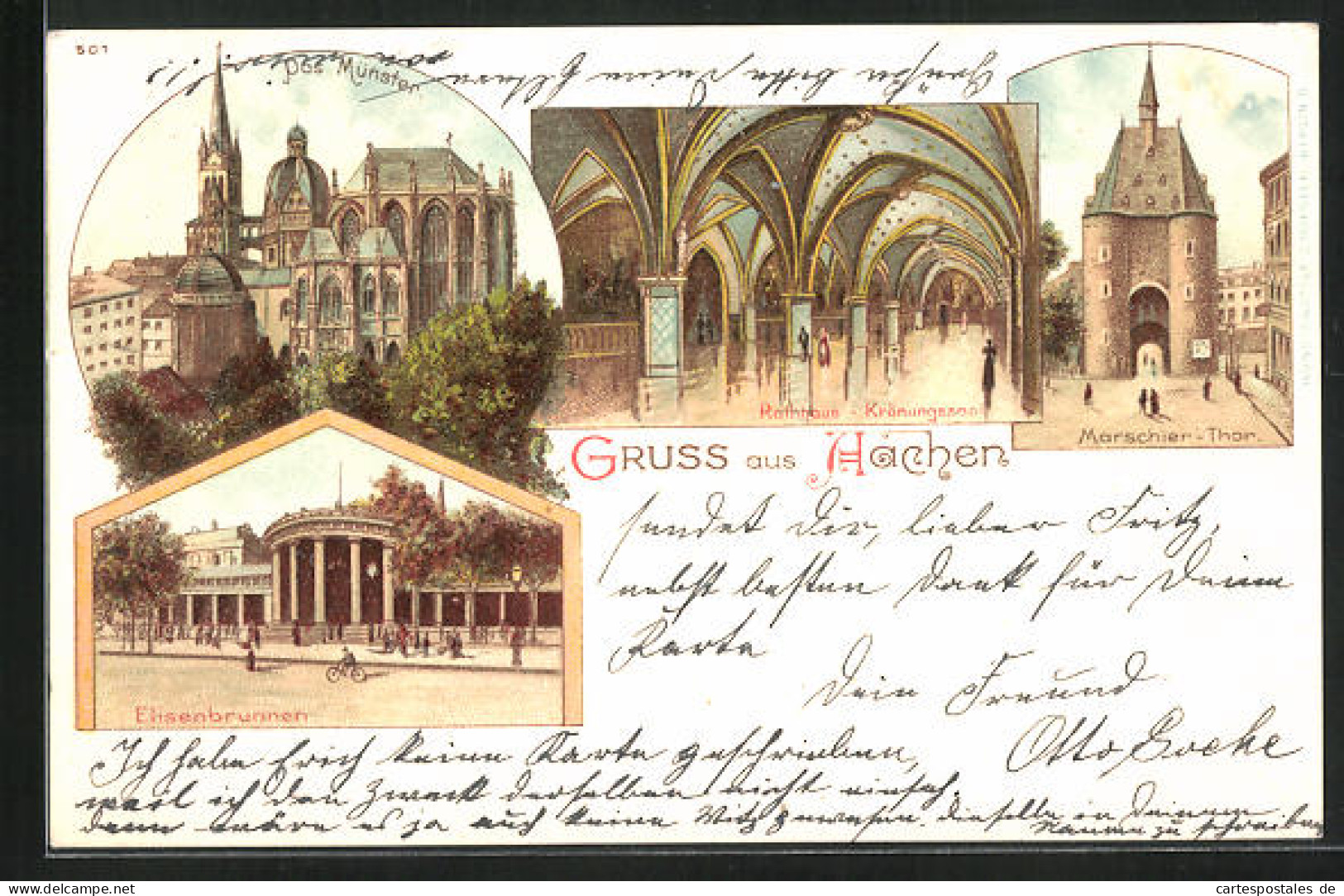 Lithographie Aachen, Das Münster, Der Elisenbrunnen, Marschier-Thor, Rathaus Krönungssaal  - Muenster