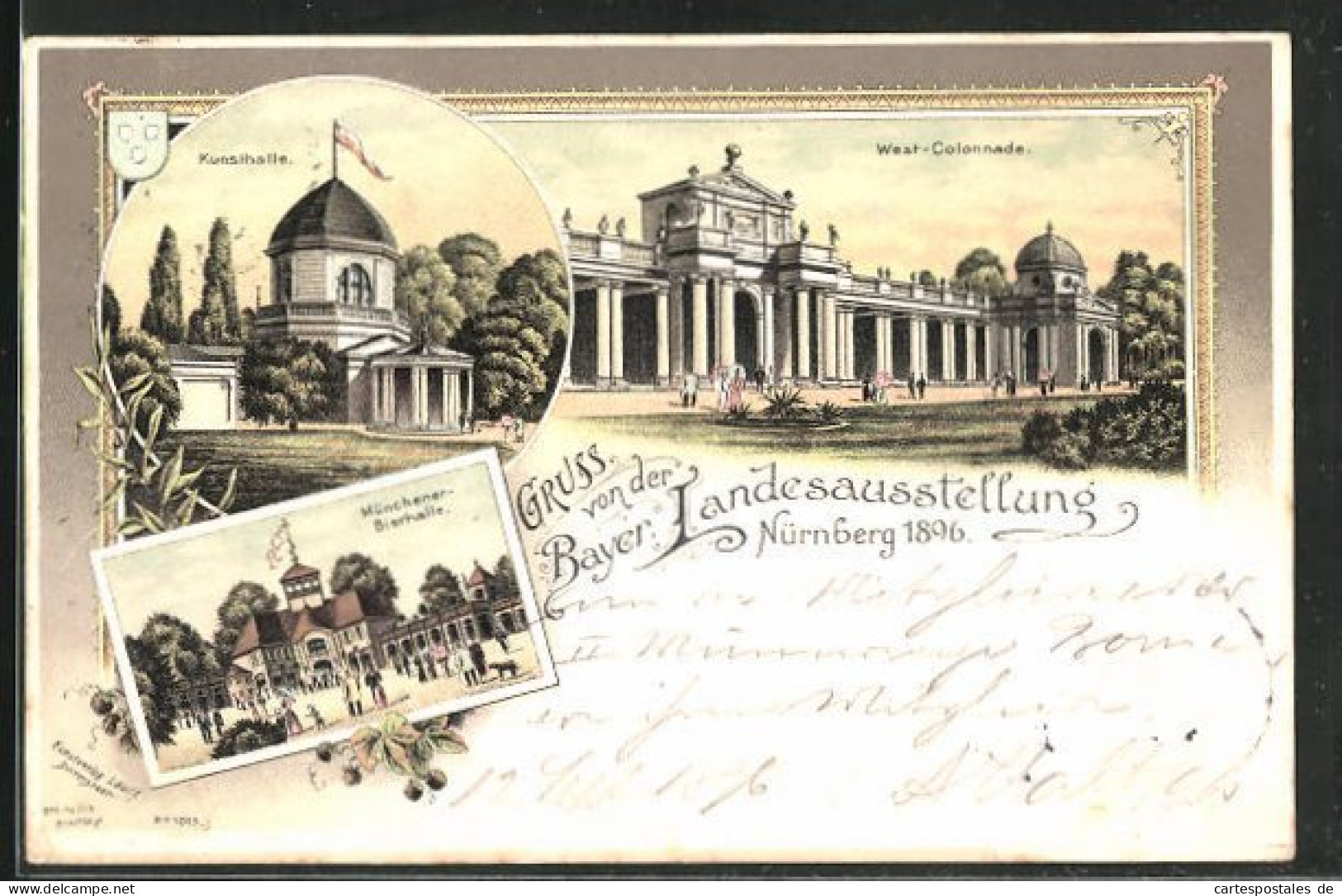 Lithographie Nürnberg, Bayr. Landesausstellung 1896, Münchner Bierhalle, Kunsthalle & Westcolonnade  - Exhibitions