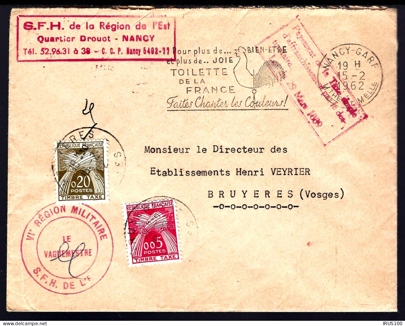 POSTE AUX ARMÉES DE NANCY - TAXÉ À BRUYÈRE (VOSGES) -  - Military Postmarks From 1900 (out Of Wars Periods)