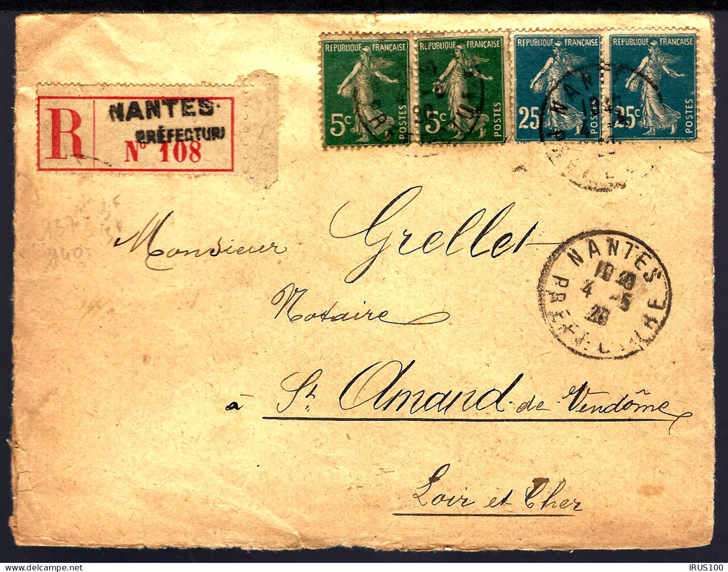 RECOMMANDÉ DE NANTES - PREFECTURE - 1920 - THÈME SEMEUSE CAMÉE - POUR ST AMAND DE VENDÔME - 1906-38 Semeuse Camée