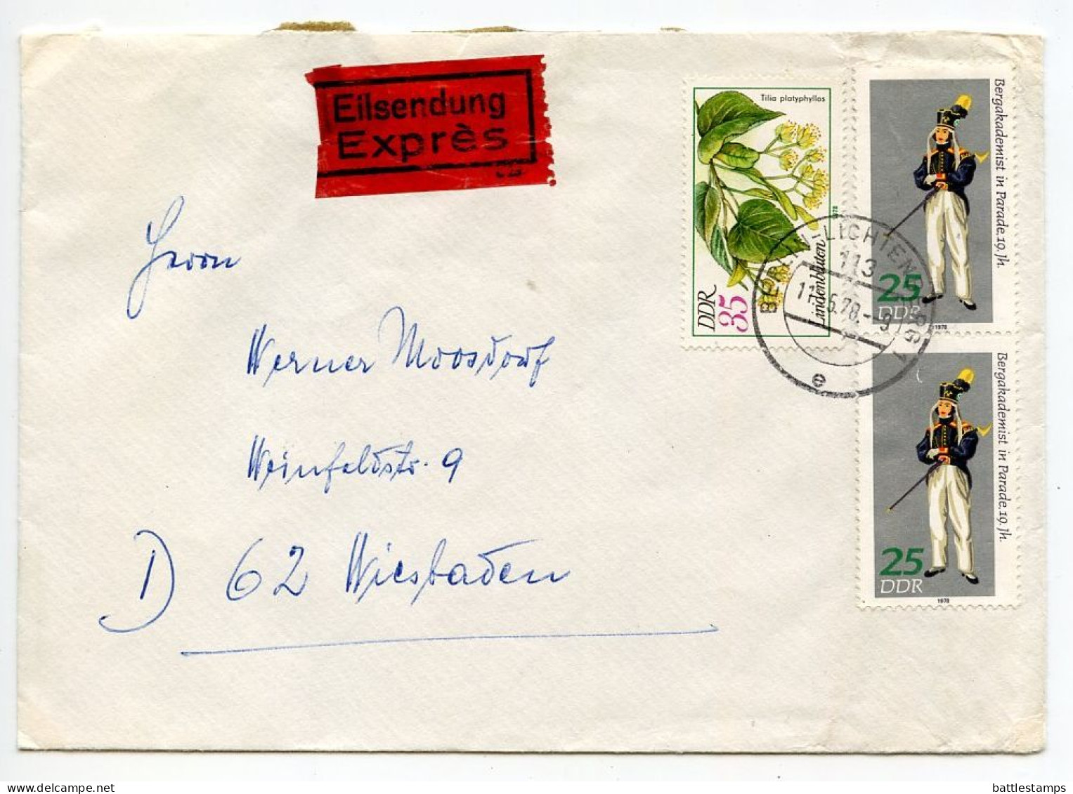 Germany, East 1978 Express Cover; Berlin-Lichtenberg To Wiesbaden; 35pf. Linden & 25pf. Mining Academy Student Stamps - Brieven En Documenten