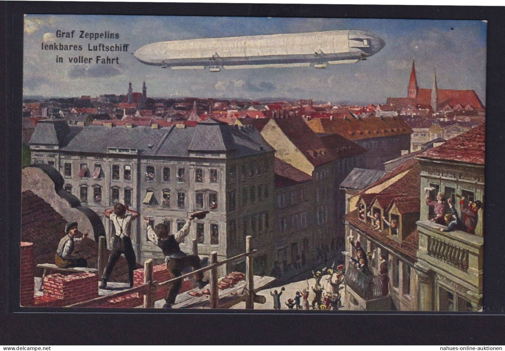 Ansichtskarte Zeppelin Luftschiff über Stadt Künstlerkarte Paasanten + Studenten - Dirigibili