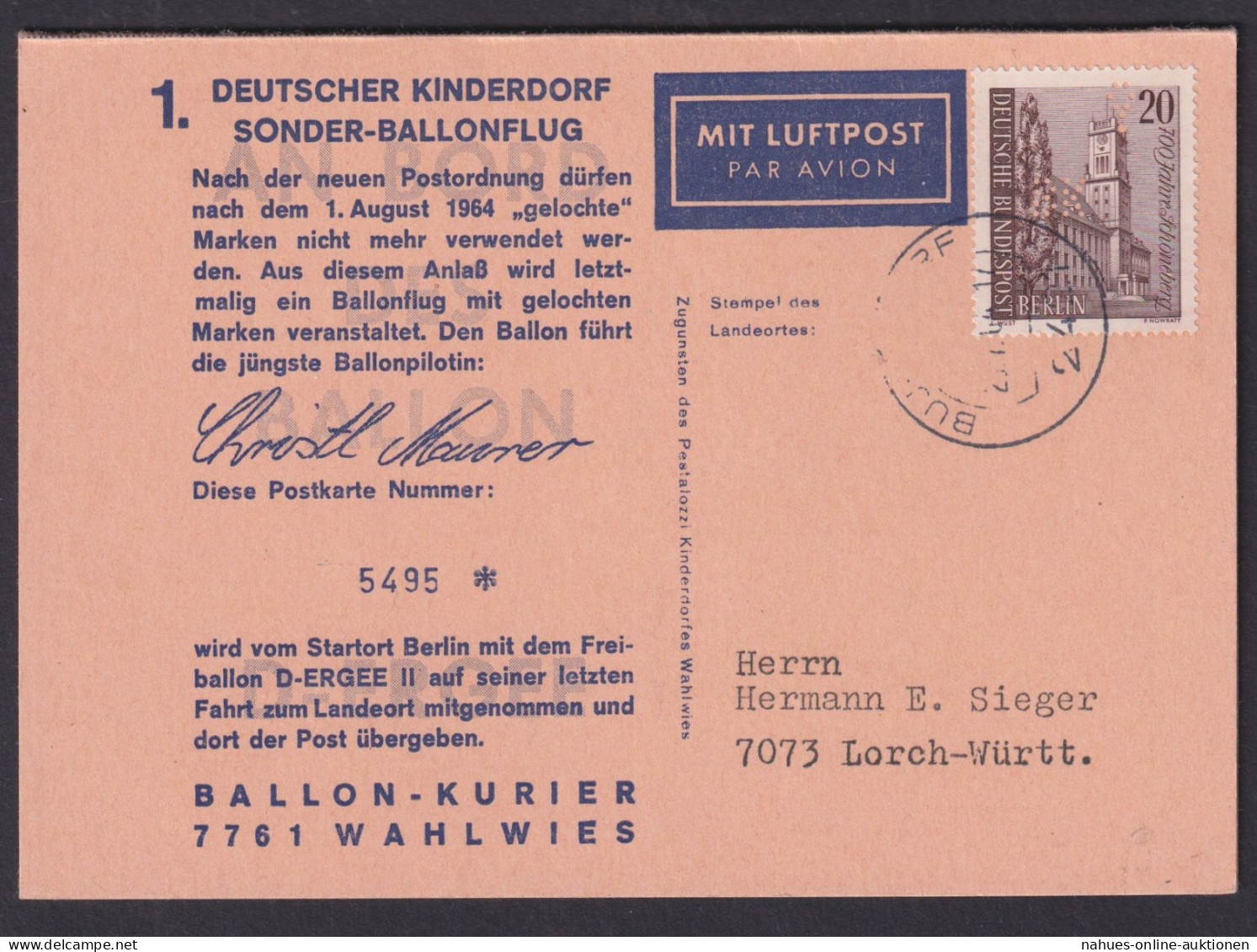 Berlin Luftpost Deutscher Kinderdorf Sonder Ballonflug Lorch Württemberg Inter. - Zeppelin