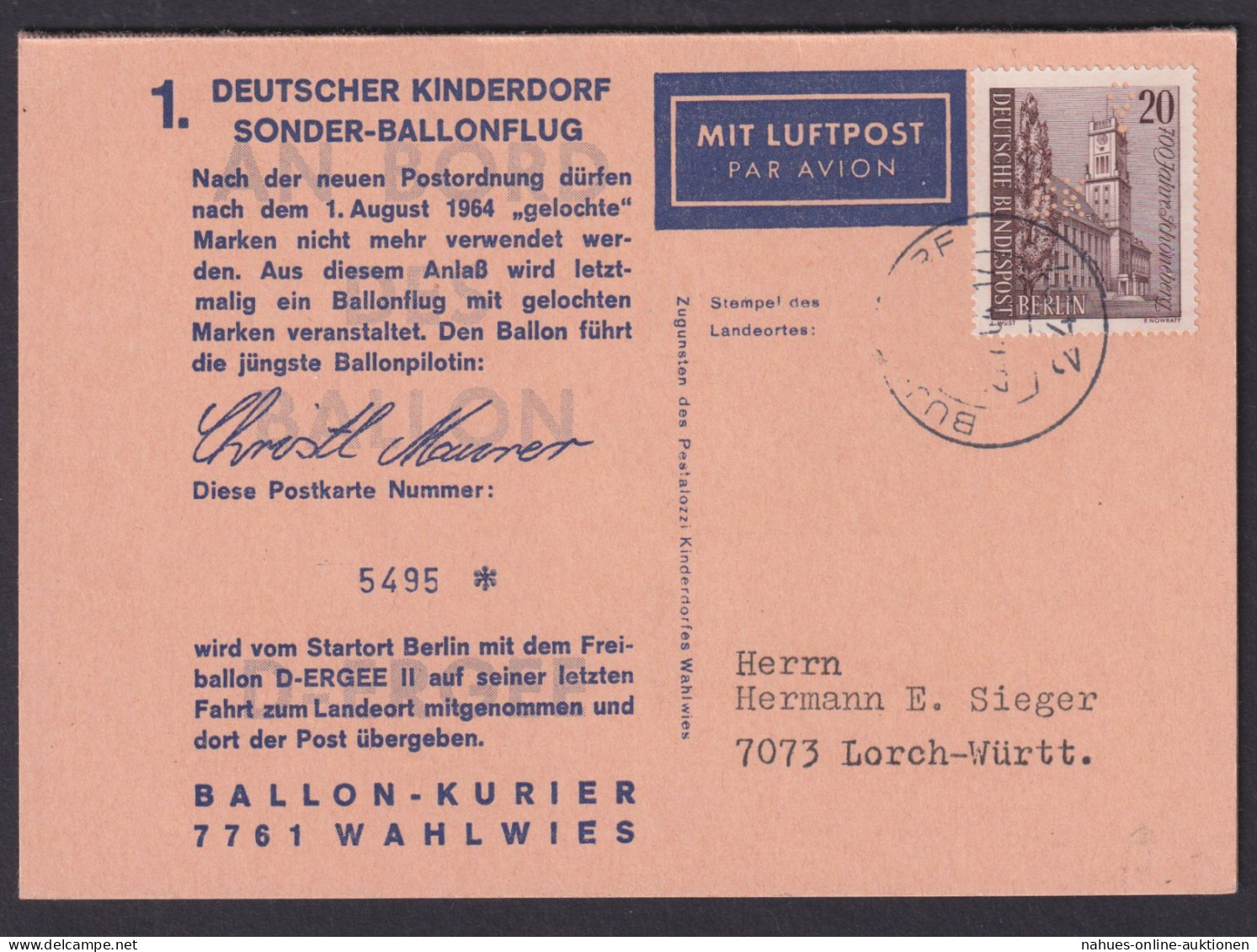 Berlin Luftpost Deutscher Kinderdorf Sonder Ballonflug Lorch Württemberg Inter. - Zeppelins