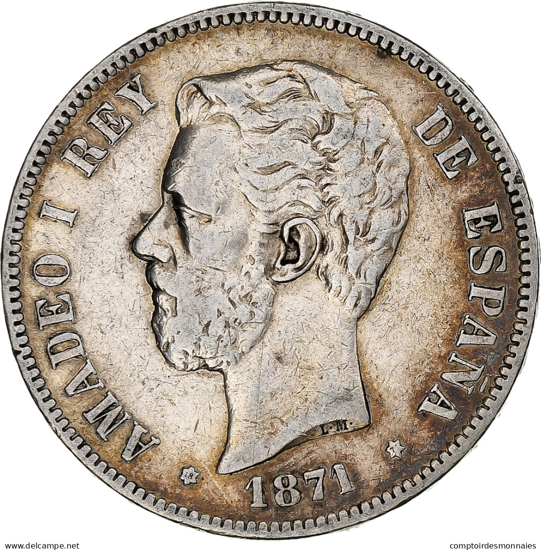 Espagne, Amadeao I, 5 Pesetas, 1871, Madrid, Argent, TB+ - First Minting