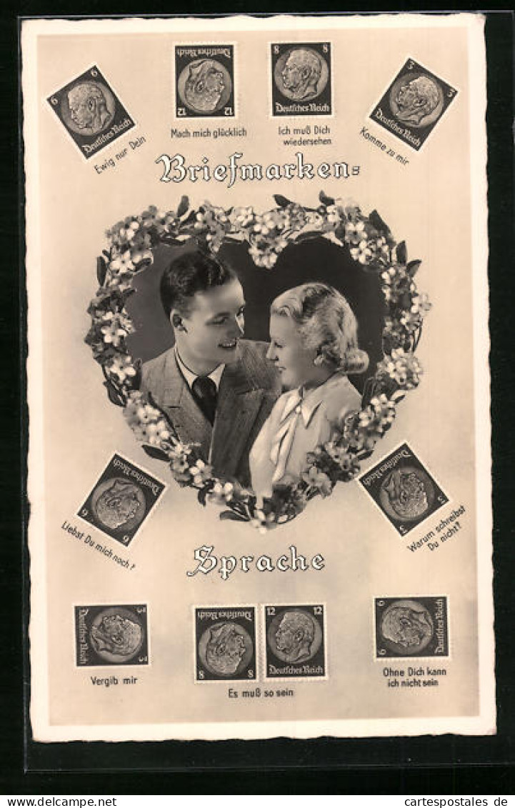 AK Briefmarkensprache Mit Liebespaar Und Deutschen Briefmarken  - Postzegels (afbeeldingen)