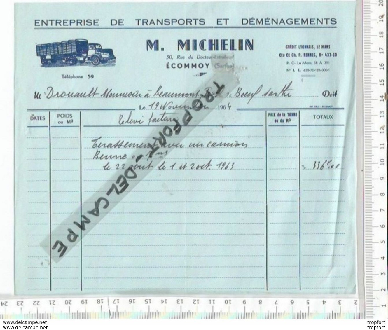 EE / FACTURE Ancienne  M.MICHELIN  ENTREPRISE DE TRANSPORT ET DEMENAGEMENT // ECOMMOY SARTHE 1904 - 1900 – 1949