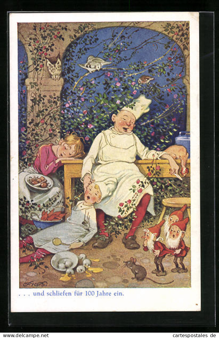 Künstler-AK Fritz Baumgarten: Aus Dornröschen, Koch Und Gehilfen Schlafen, Zwerge Und Eule  - Fairy Tales, Popular Stories & Legends