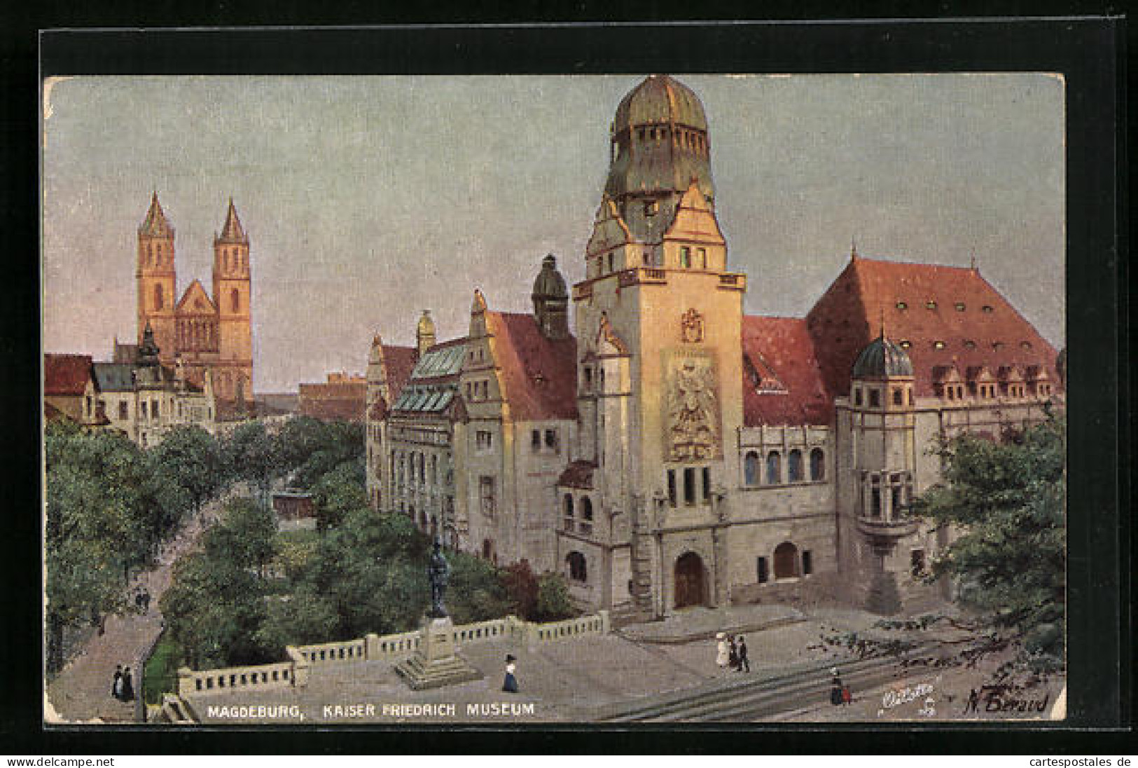 Künstler-AK Magdeburg, Kaiser Friedrich Museum Mit Denkmal  - Maagdenburg