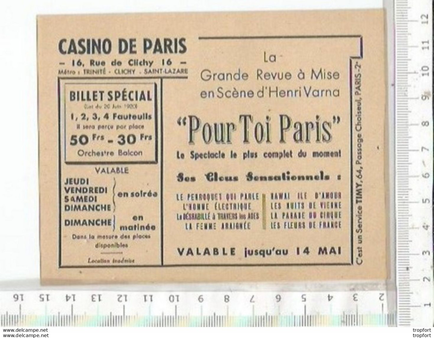 PG / TICKET ENTREE ANCIEN CASINO DE PARIS  POUR TOI PARIS  HENRI VARNA // Theatre Cabaret Paris - Tickets D'entrée