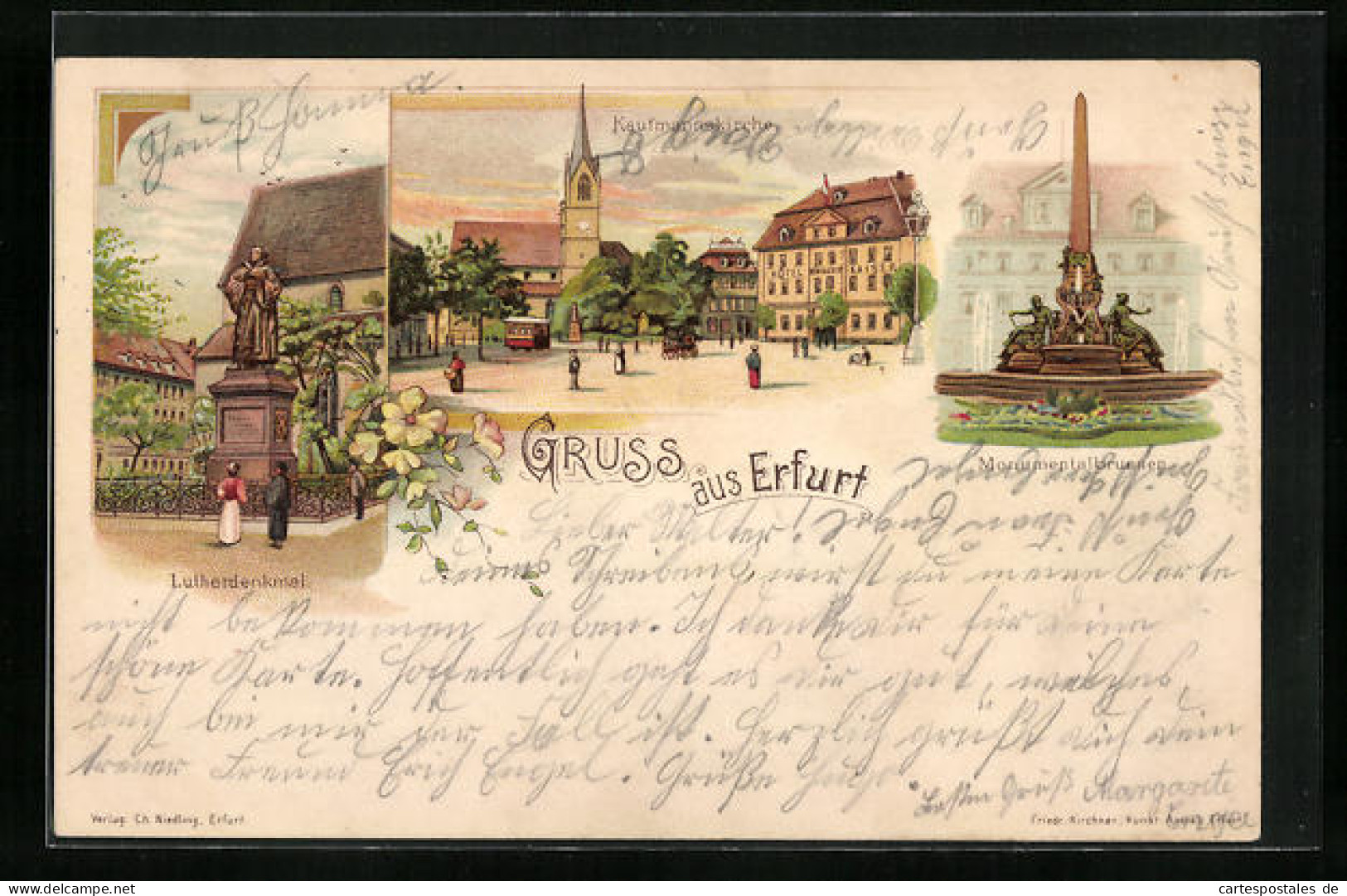 Lithographie Erfurt, Kaufmannskirche, Lutherdenkmal, Monumentalbrunnen  - Erfurt