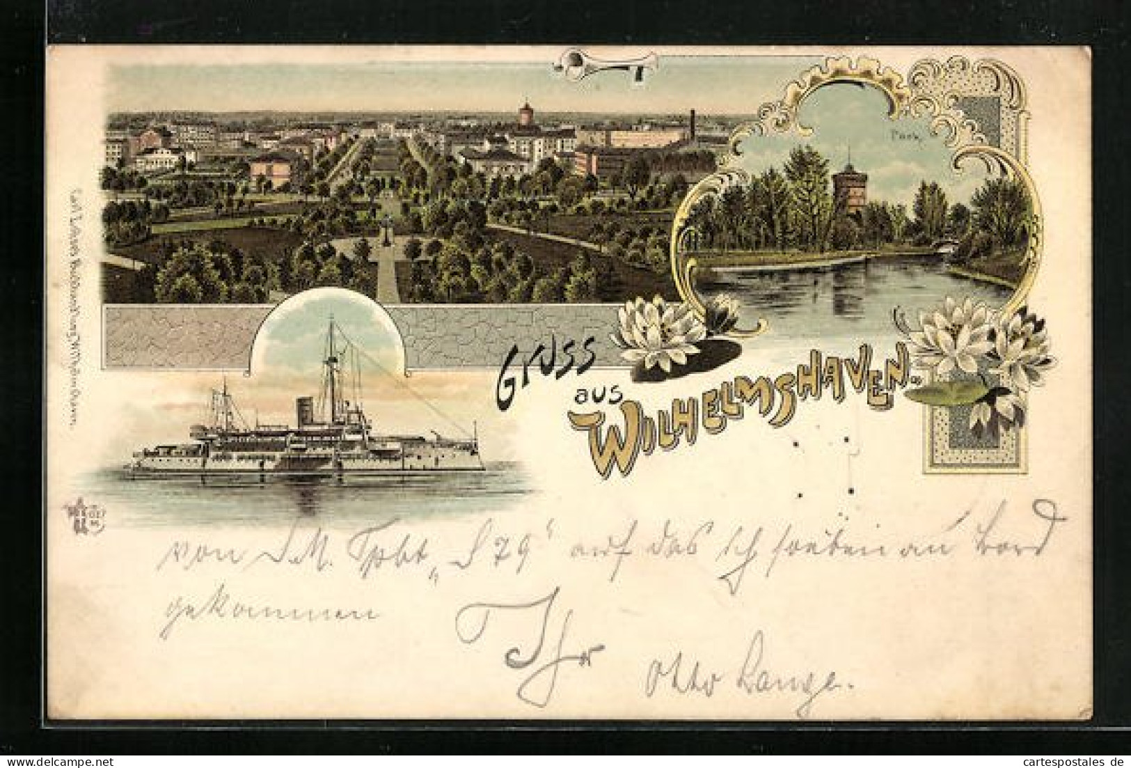 Lithographie Wilhelmshaven, Stadtpanorama, Parkanlage & Kriegsschiff Der Kaiserlichen Marine  - Wilhelmshaven