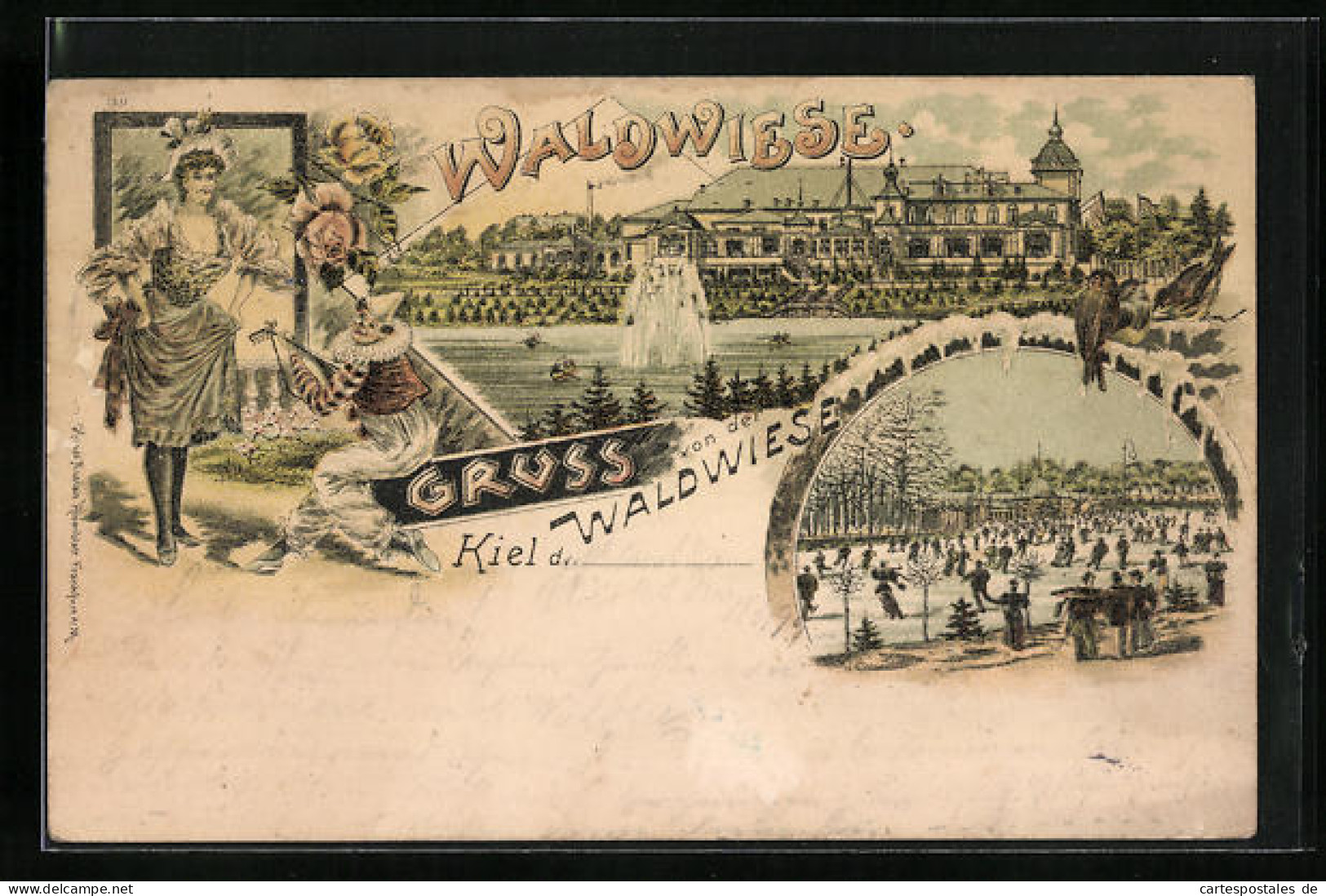 Lithographie Kiel, Gasthaus Waldwiese, Schlittschuhläufer, Dame Und Clown Mit Mandoline  - Kiel