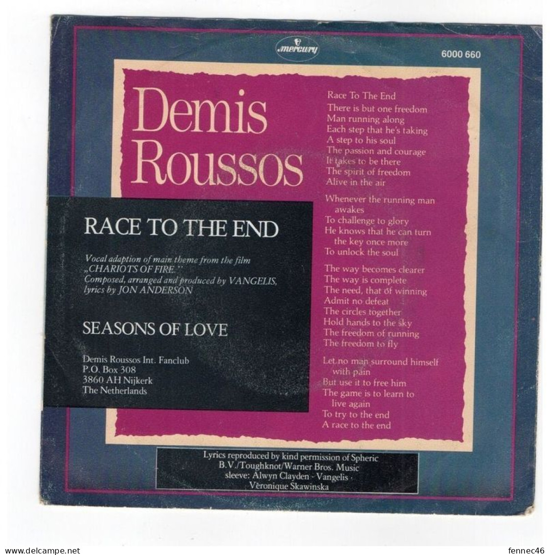 * Vinyle 45t  - Demis Roussos ( Vangelis ) - Race To The End - Seasons Of Love - Other - English Music