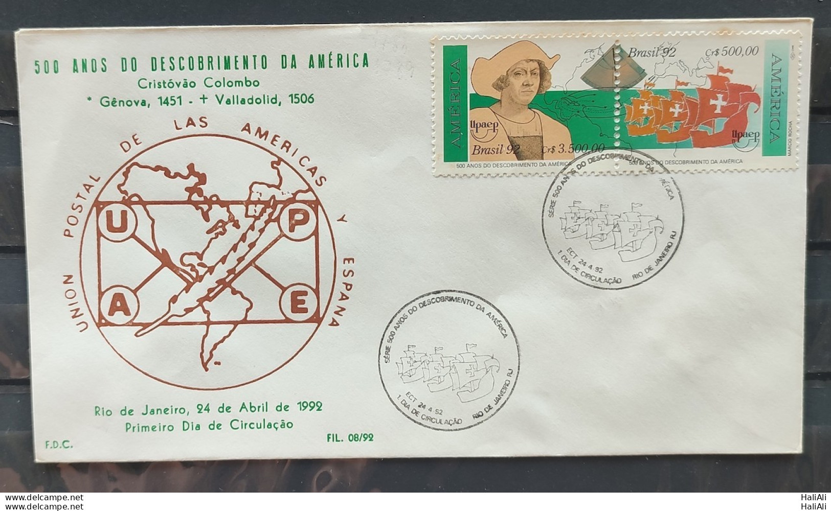 Brazil Envelope PVT FIL 008 1992 Discovery Of America History Colombo CBC RJ - FDC