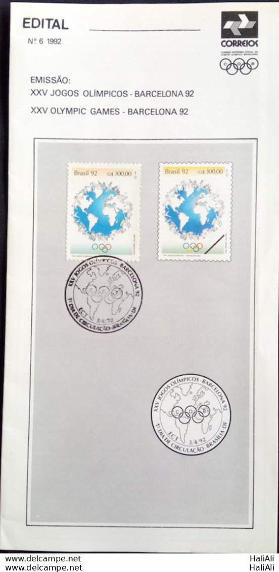 Brazil Brochure Edital 1992 06 Olympic Games Barcelona With Stamp CBC DF Brasília - Storia Postale