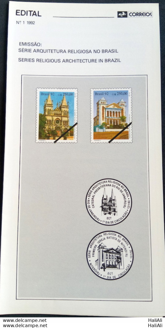 Brazil Brochure Edital 1992 01 Architecture Religiao Church With Stamp - Storia Postale
