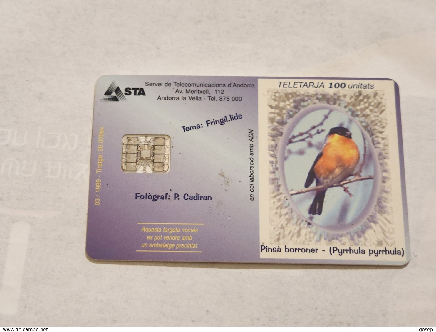 ANDORRA-(AD-STA-102)-Bullfinch-(13)(100units)-(01/03/99)(tirage-20.000)used Card+1card - Andorre