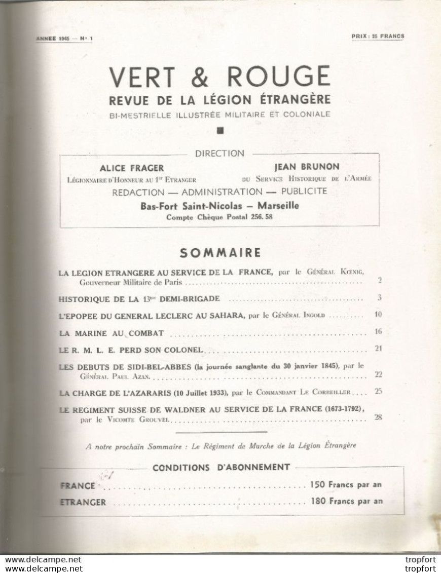 LEGION Legion étrangère Vert Et Rouge N°1 1945 Numéro 1 LEGIONNAIRE Tête De Série 32 Pages - Historia