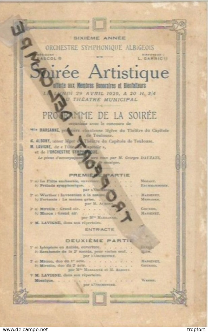 PG / PROGRAMME SOIREE ARTISTIQUE  1929 ALBI  MUSIQUE RACHMANINOFF // GLUCK // BACH // WEBER MOZART - Programme