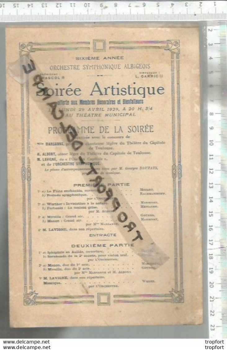 PG / PROGRAMME SOIREE ARTISTIQUE  1929 ALBI  MUSIQUE RACHMANINOFF // GLUCK // BACH // WEBER MOZART - Programme