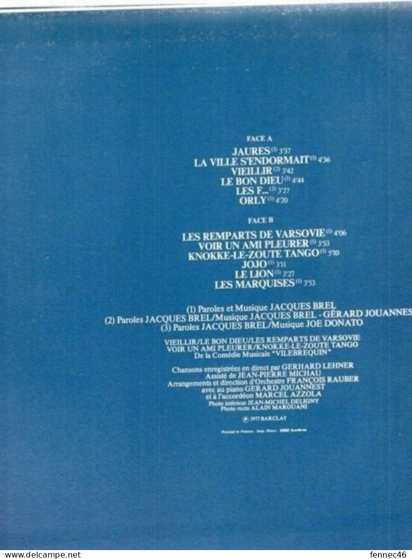 BREL - Jaures, La Ville S'endormait, Vieillir, Le Bon Dieu, Les F..., Orly   (Vinyle 33t) - Autres - Musique Française