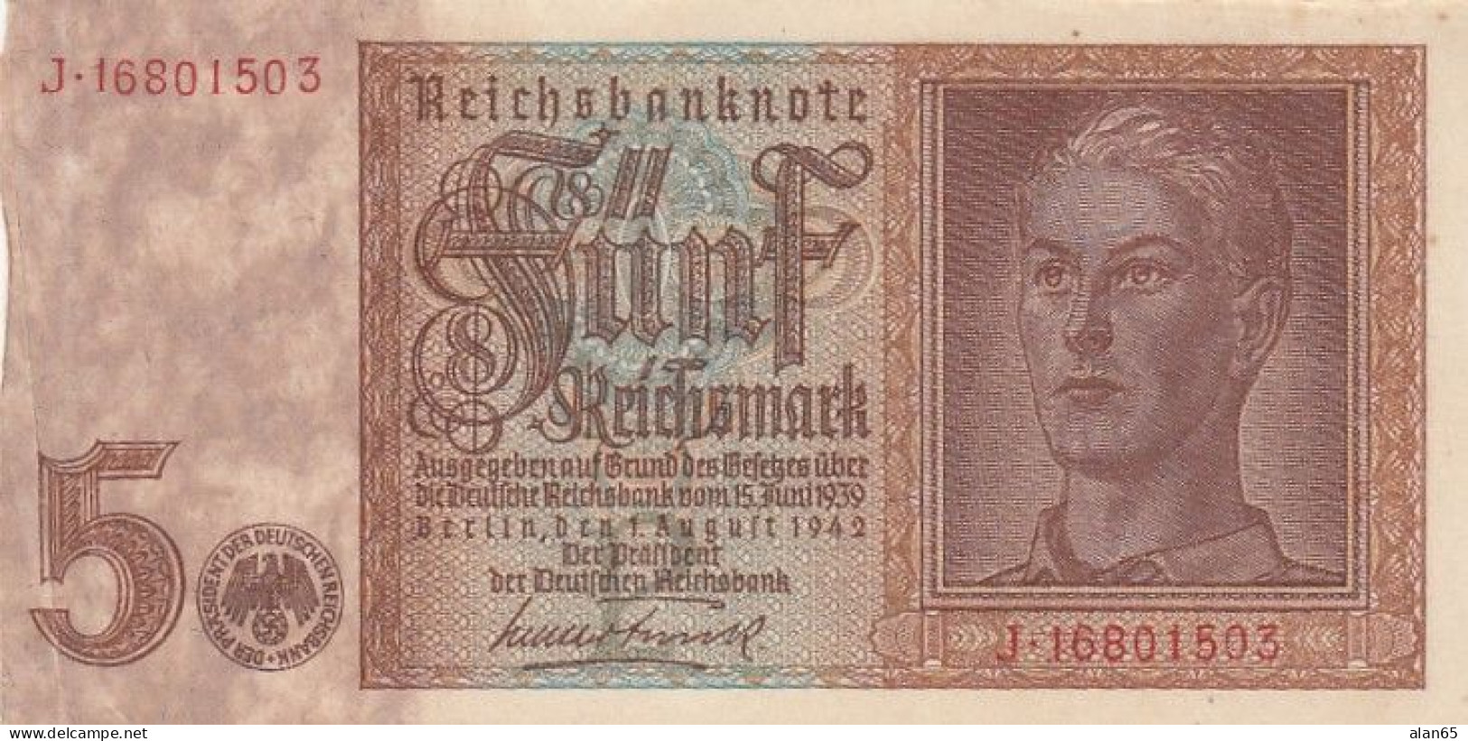 Germany #186a, 5 Marks 1942 Banknotes 3 Consecutive Serial Numbers - 5 Reichsmark