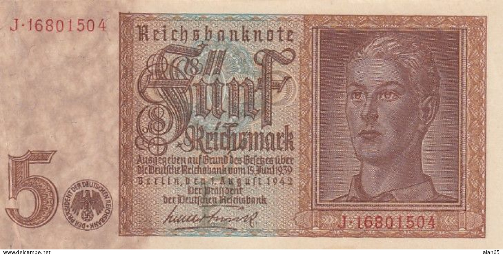 Germany #186a, 5 Marks 1942 Banknotes 3 Consecutive Serial Numbers - 5 Reichsmark