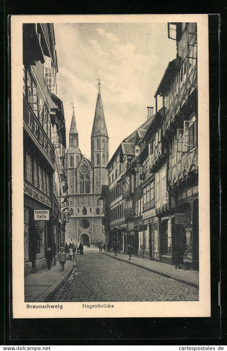 AK Braunschweig, Hagenbrücke Mit Geschäften Und Kirche  - Braunschweig