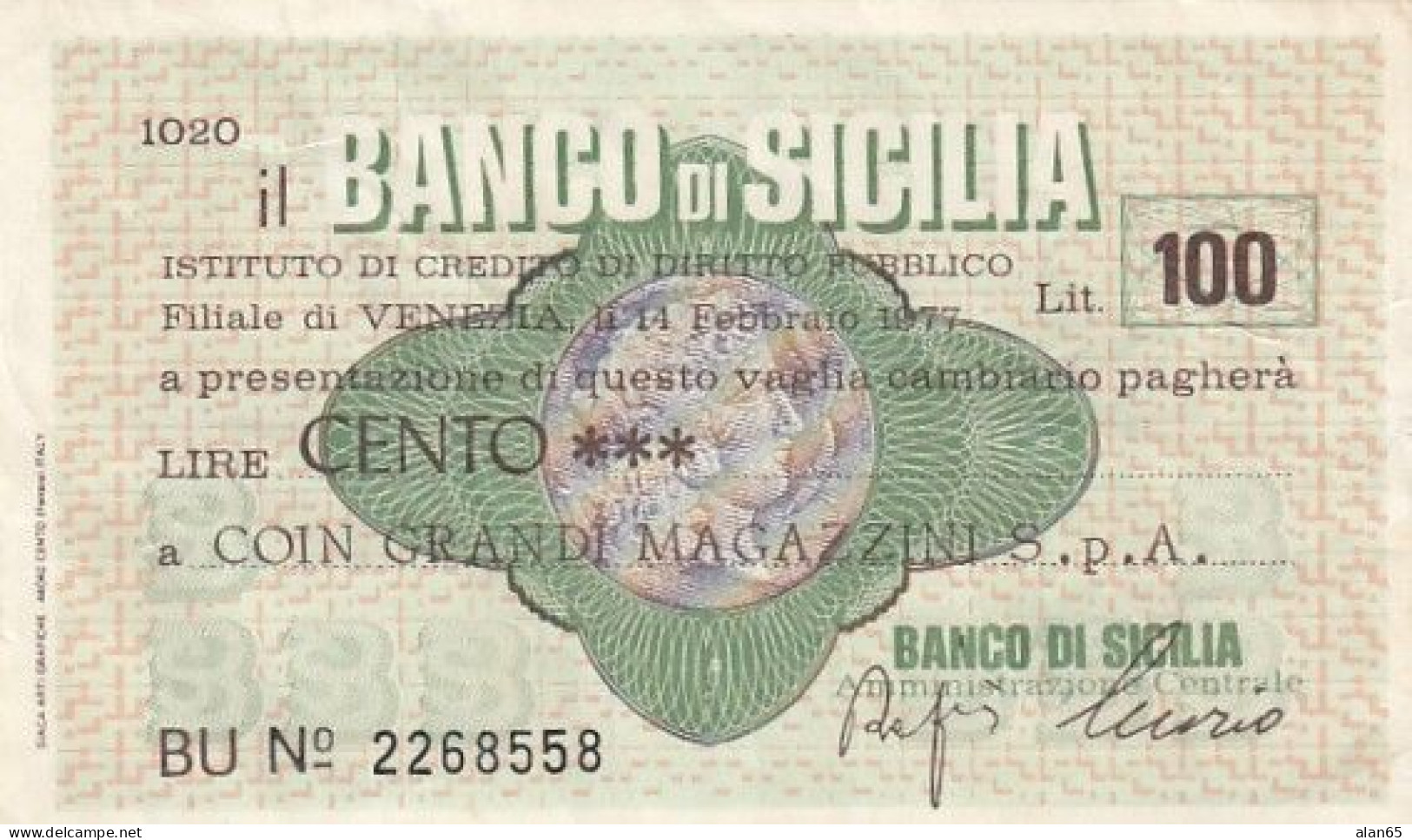 Italy Banco Di Sicilia 100 Lire 1977 Mini-check - [10] Cheques Y Mini-cheques