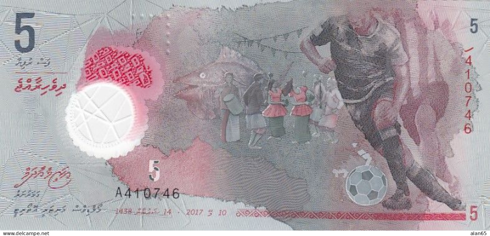 Maldives 26Aa, 5 Rufiyaa, 2017 Banknote, Soccer Seashell Theme - Maldiven