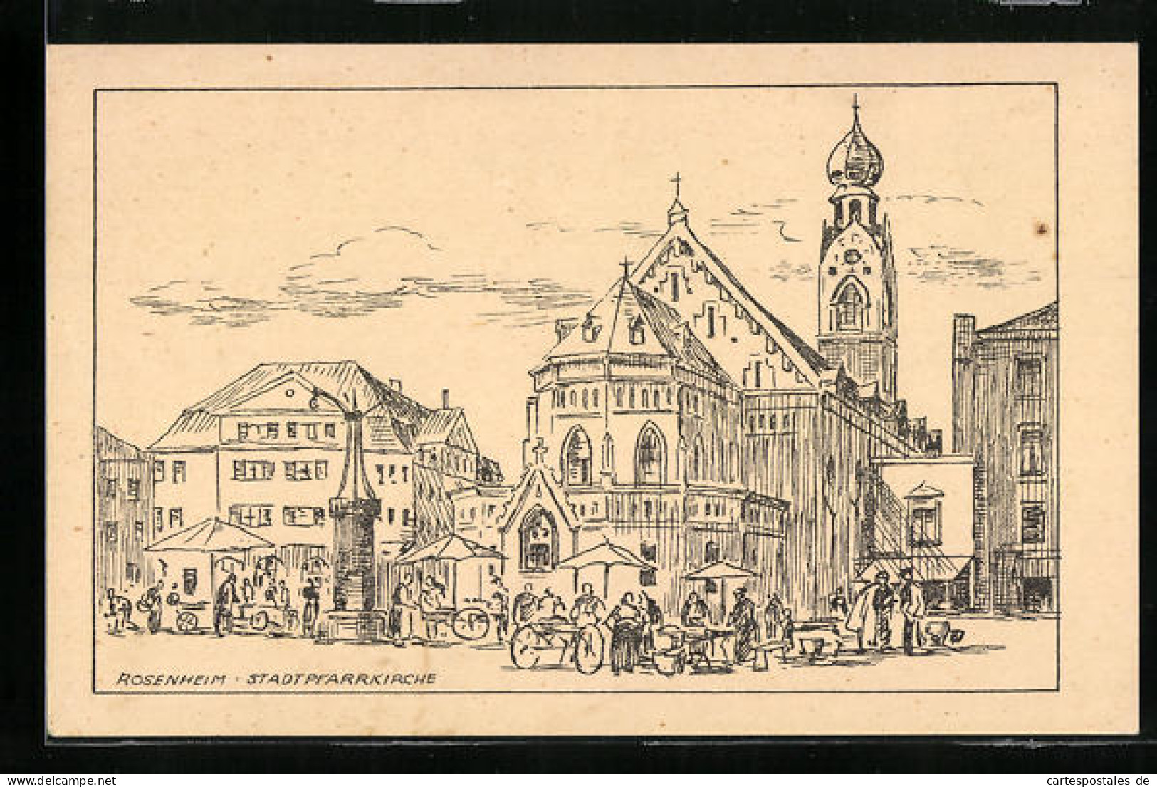 Künstler-AK Rosenheim, Stadtpfarrkirche Und Markt  - Rosenheim