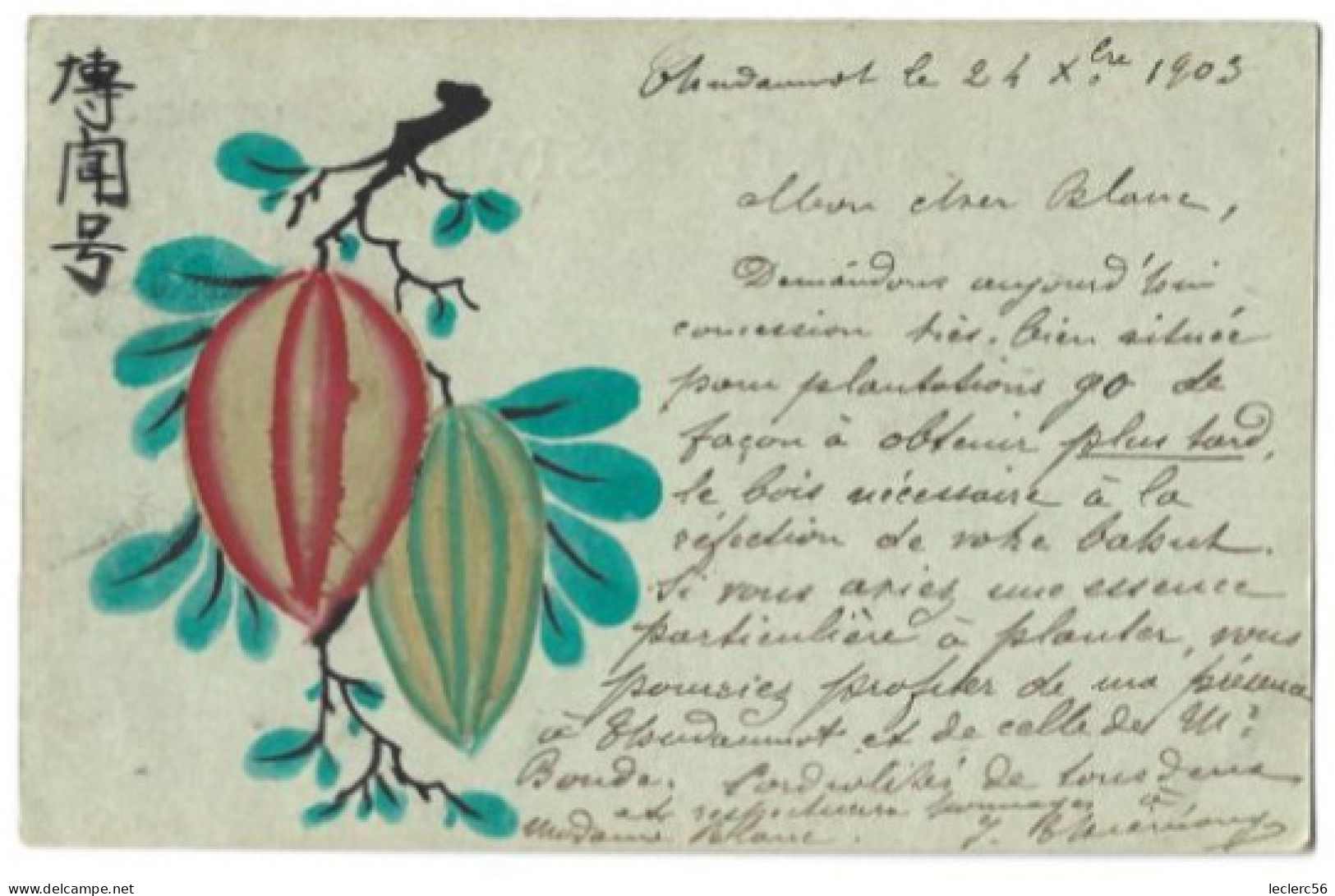 ASIE TONKIN ANNAM INDO-CHINE DESSIN PEINT A LA MAIN FRUITS SUR L'ARBRE 1903 CPA ENTIER POSTAL 2 SCANS - Vietnam