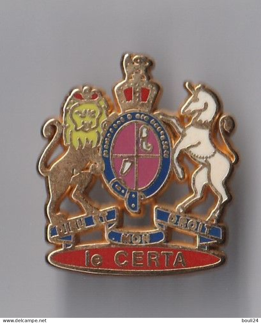 PIN'S THEME DIEU ET MON DROIT  LE CERTA  BLASON  LION CHEVAL - Other & Unclassified