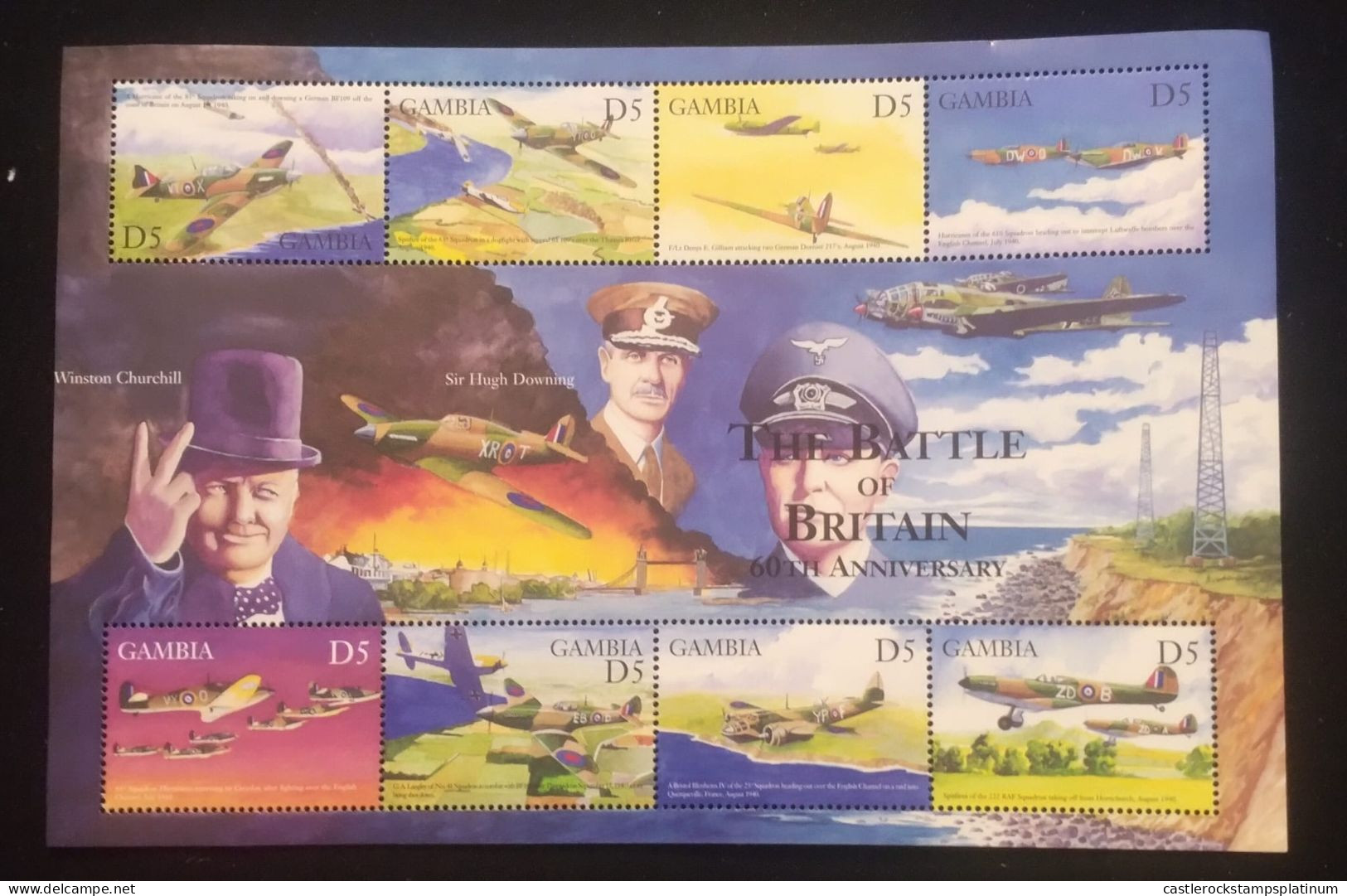 O) 2000 GAMBIA, BATTLE OF BRITAIN, CHURCHILL, HURRICAINE, SPITFIRE OVER RIVER THAMES, FLIGHT DENYS, GILLIAM ATTACKING, G - Gambie (1965-...)