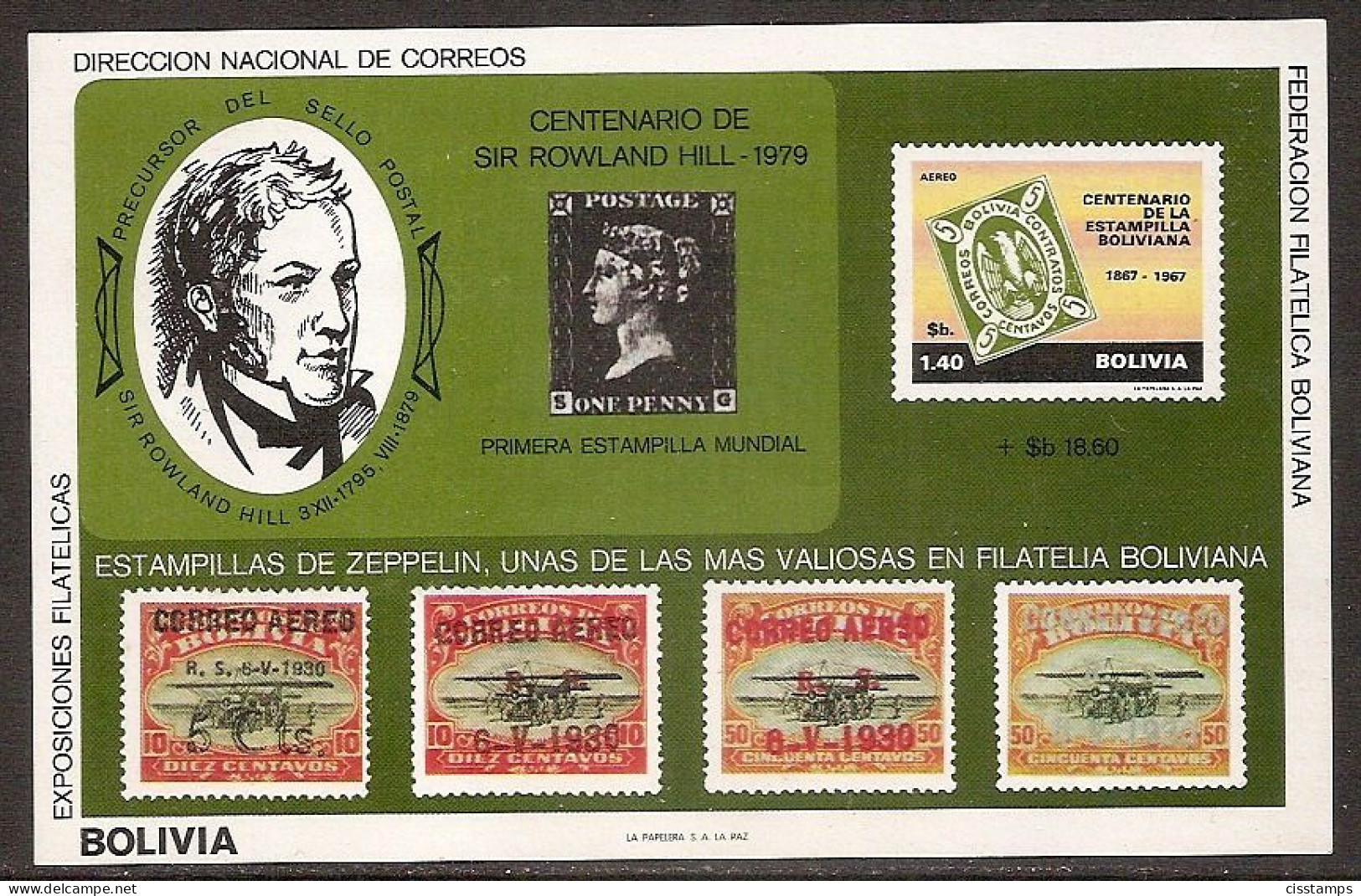 BOLIVIA 1992●Luftpost-Aufdrücke Zum Südamerikafahrt●●Stamp On Stamp●Sir Rowland Hill●Black Penny Mi Bl95 MNH - Bolivie