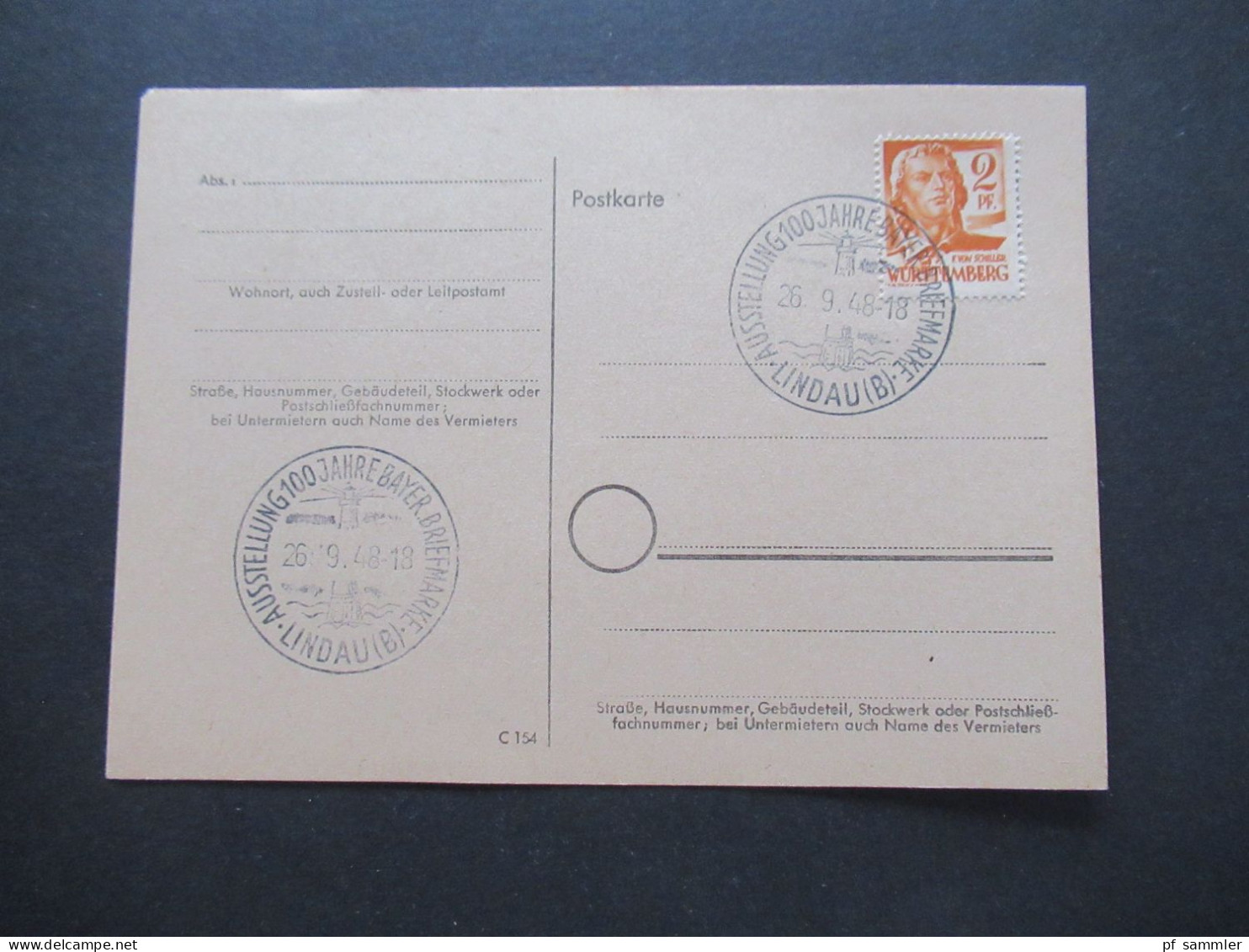 Französische Zone Württemberg 1948 Blanko PK Mit Sonderstempel Lindau Ausstellung 100 Jahre Bayer. Briefmarke - Wurtemberg