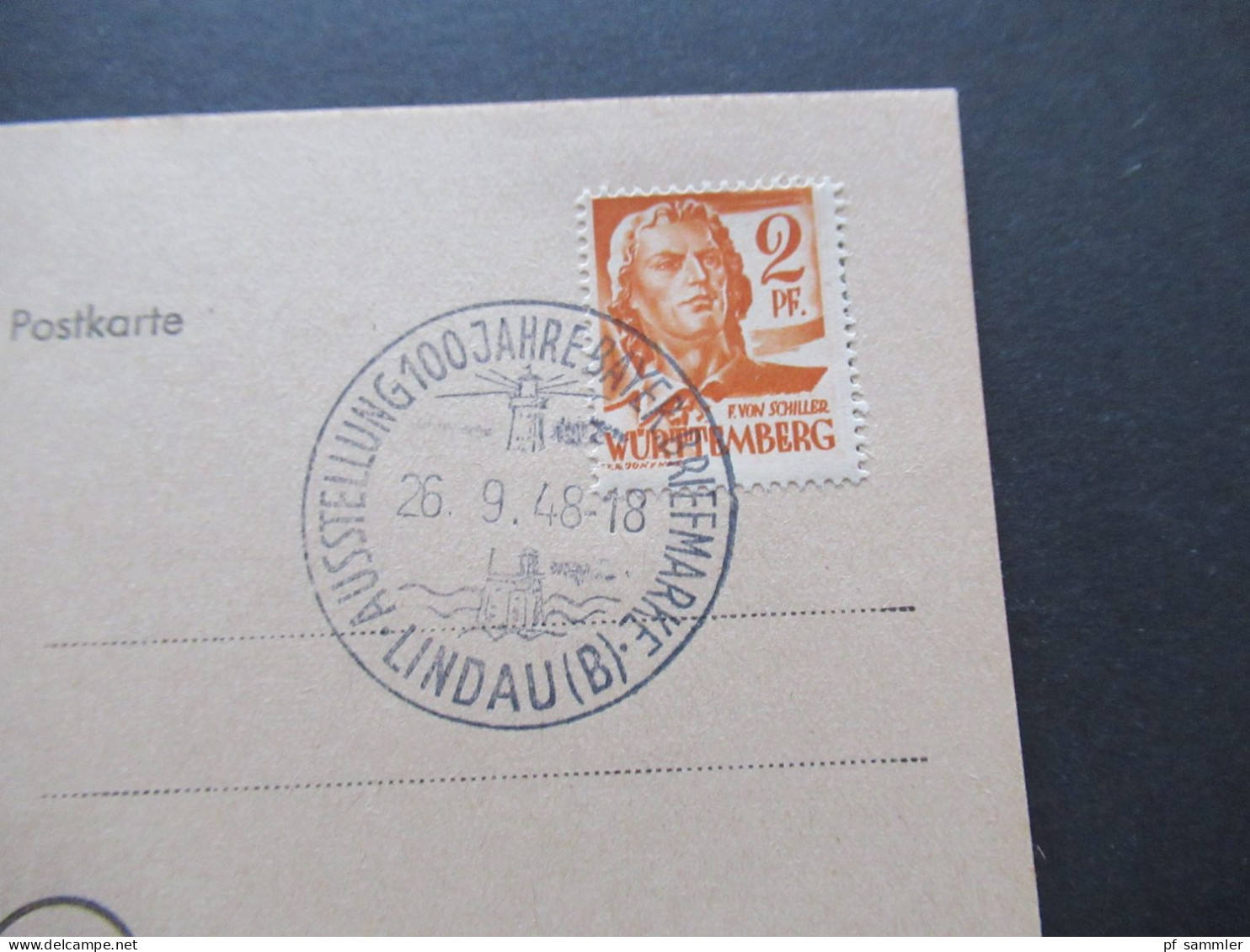 Französische Zone Württemberg 1948 Blanko PK Mit Sonderstempel Lindau Ausstellung 100 Jahre Bayer. Briefmarke - Wurtemberg