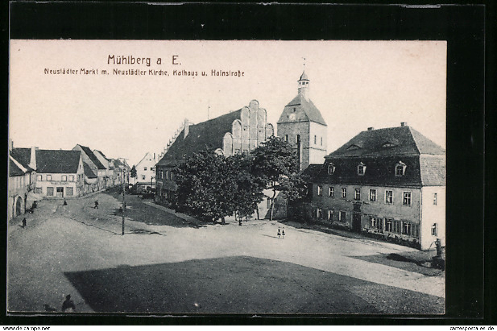 AK Mühlberg A. E., Neustädter Markt M. Neustädter Kirche, Kurhaus U. Hainstrasse  - Mühlberg