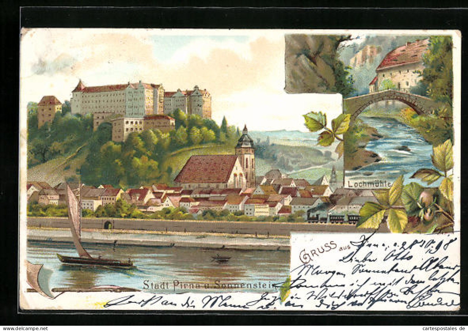 Lithographie Pirna, Ortsansicht Mit Burg Sonnenstein  - Pirna
