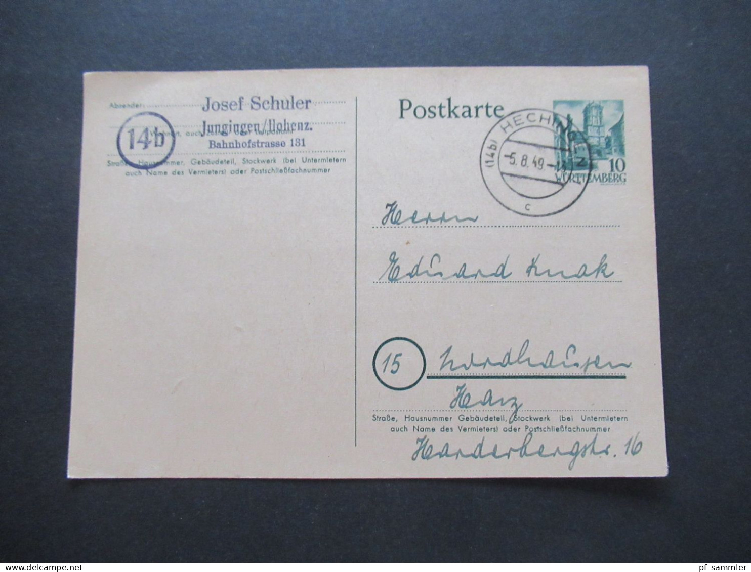 Französische Zone Württemberg 1949 Ganzsache P 2 Tagesstempel Hechingen Abs. Stp. Jungingen Hohenz. Bahnhofstr. - Württemberg