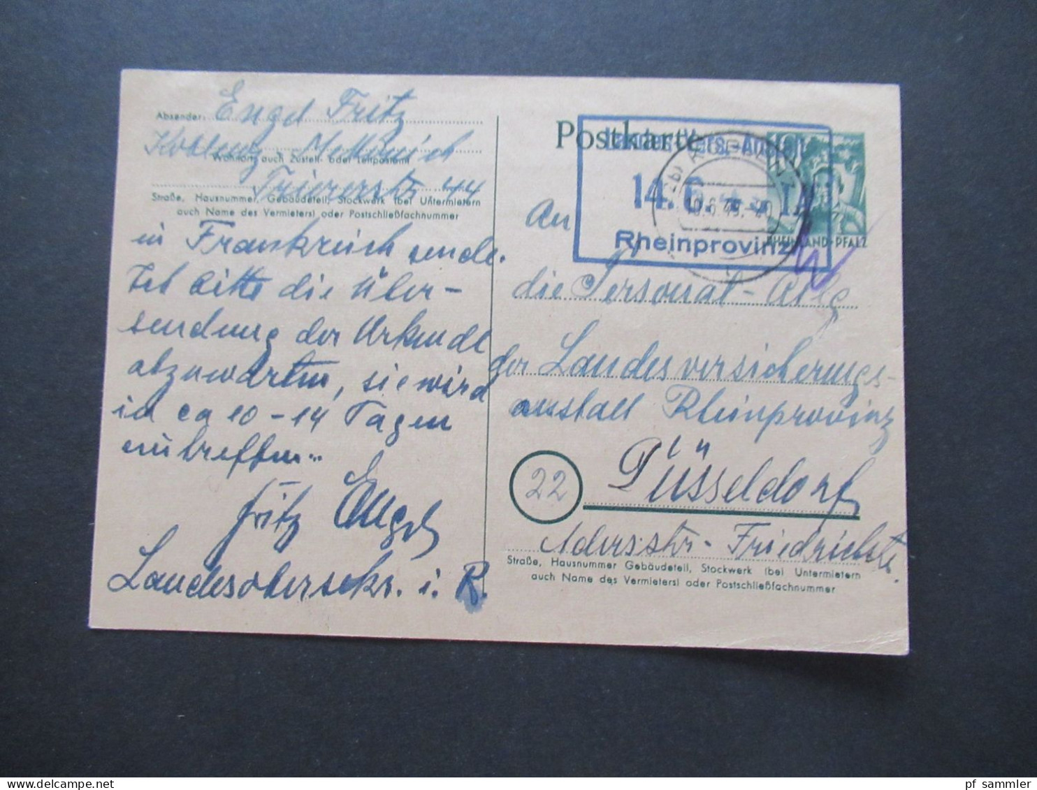 Französische Zone Rheinland Pfalz 1949 Ganzsache P 2 Tagesstempel Koblenz Nach Düsseldorf Stp. Rheinprovinz Versicherung - Rhénanie-Palatinat