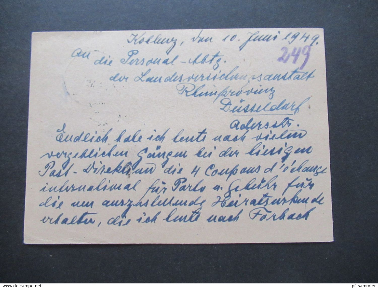 Französische Zone Rheinland Pfalz 1949 Ganzsache P 2 Tagesstempel Koblenz Nach Düsseldorf Stp. Rheinprovinz Versicherung - Rhine-Palatinate