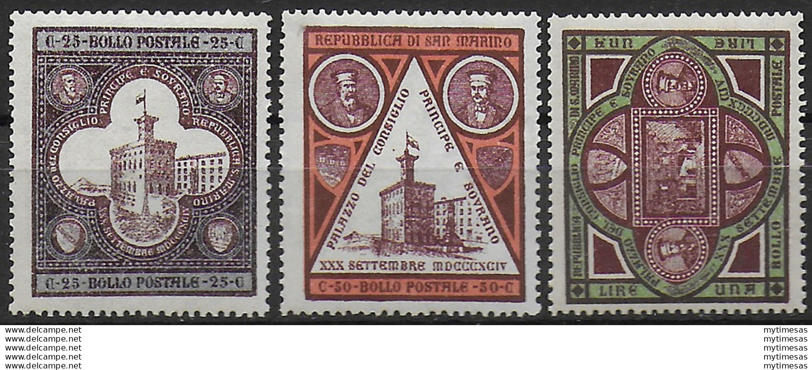 1894 San Marino Palazzo Del Governo 3v. Bc MNH Sassone N. 23/25 - Andere & Zonder Classificatie