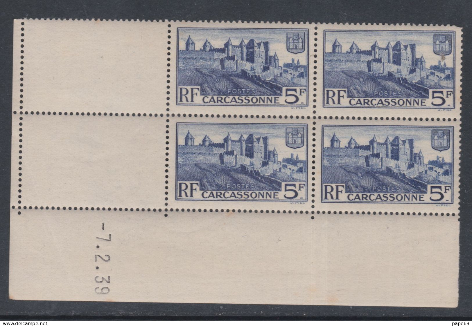 France N° 392 XX  Carcassonne En Bloc De 4 Coin Daté Du 7 . 2 . 39  Sans Charnière, TB - 1930-1939