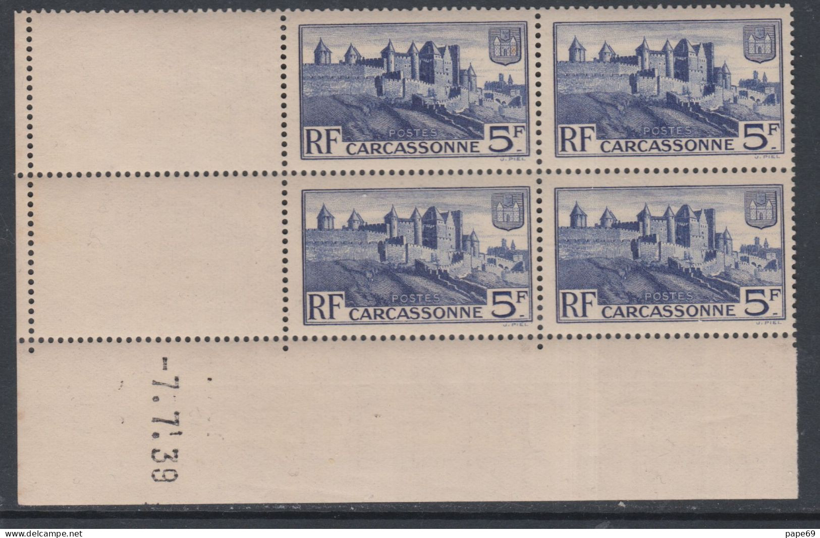 France N° 392 XX  Carcassonne En Bloc De 4 Coin Daté Du 7 . 7 . 39  Sans Charnière, TB - 1930-1939