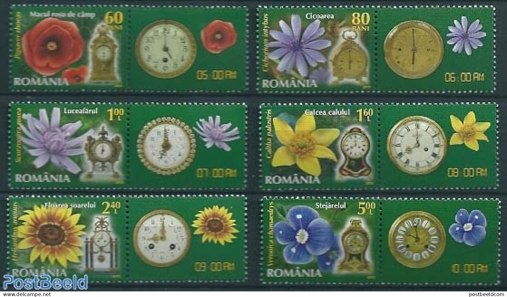 Romania 2013 Flowers & Clocks 6v+tabs, Mint NH, Nature - Flowers & Plants - Art - Clocks - Nuovi