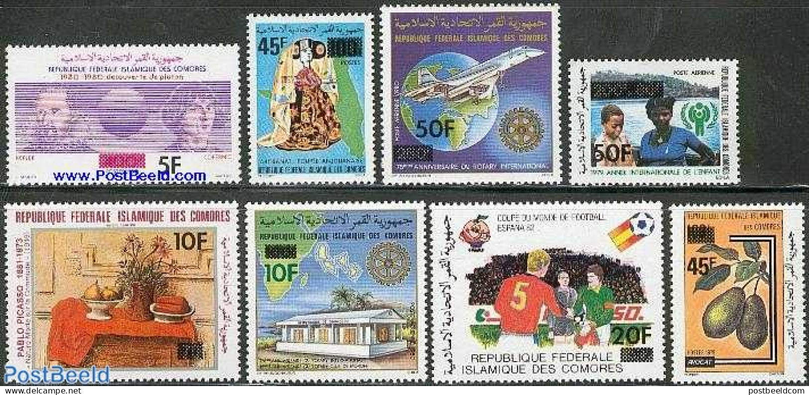 Comoros 1981 Overprints 8v, Mint NH, Science - Sport - Various - Astronomy - Football - Rotary - Art - Pablo Picasso - Astrología