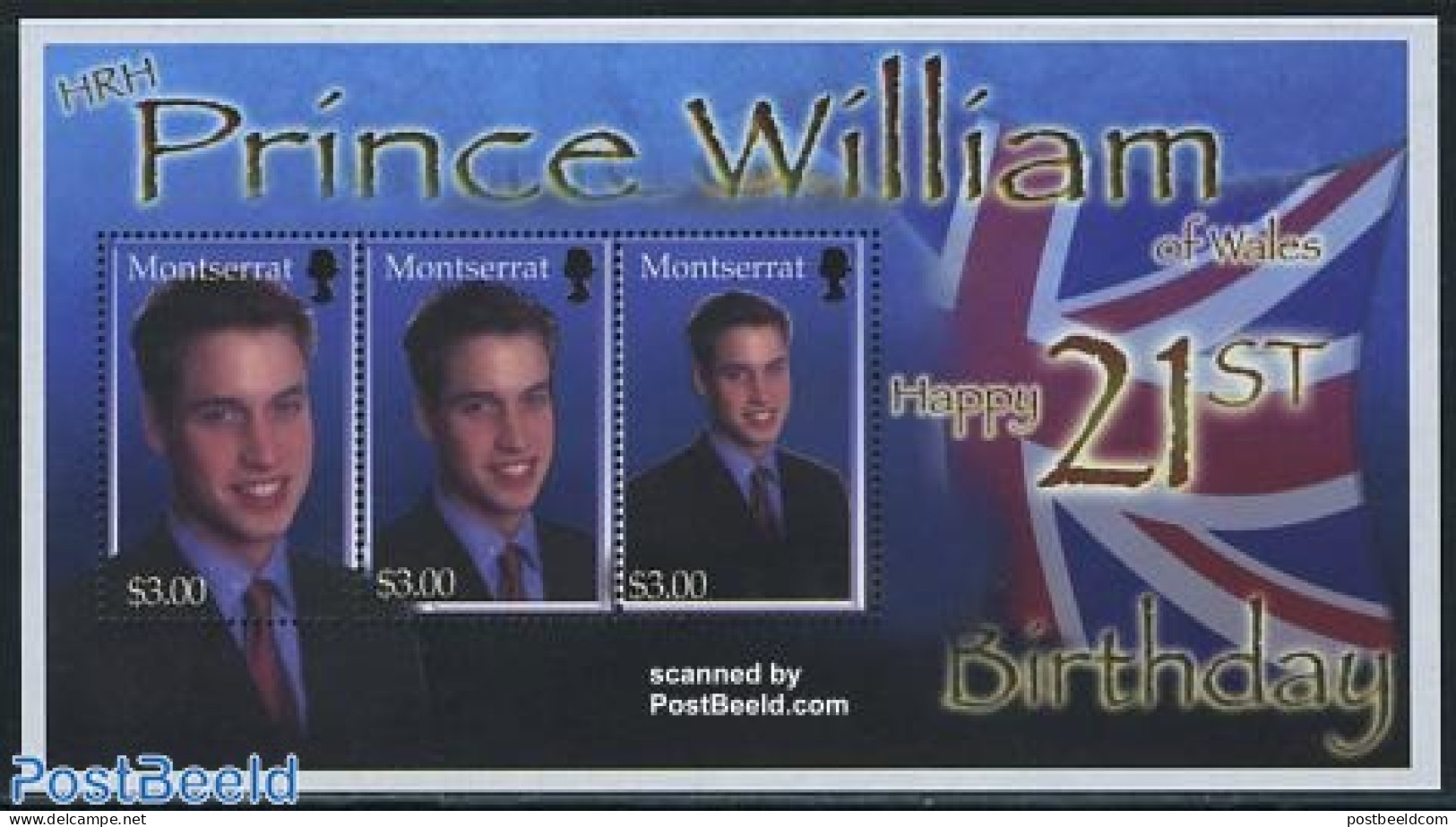 Montserrat 2003 William Birthday 3v M/s, Mint NH, History - Kings & Queens (Royalty) - Königshäuser, Adel